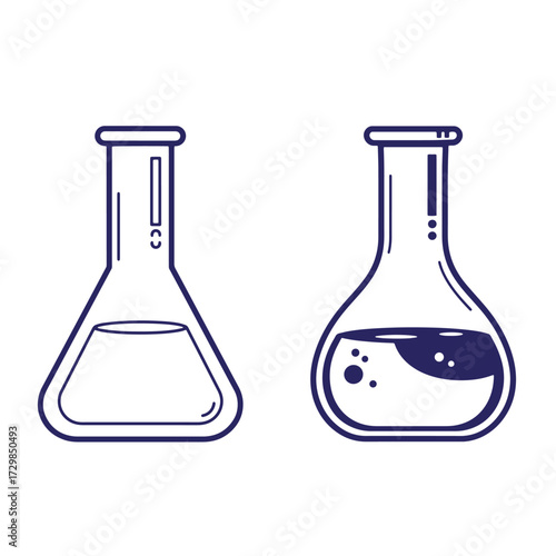 Two detailed flasks with liquids for science chemistry experiments and laboratory research