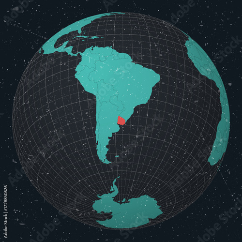 Uruguay on Globe. Vintage look with grunge scratched texture. Country view on world map in Dark Charcoal Turquoise color palette. Uruguay shape on map. Globe with meridians and parallels.