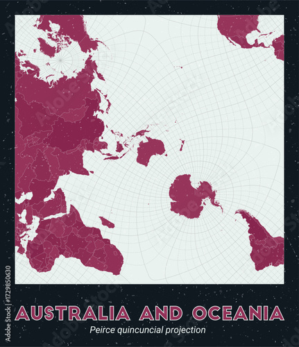 Australia and Oceania. World map. Peirce quincuncial projection centered to Australia and Oceania. Pale Mint Dark Pink palette. Vintage texture. Creative vector illustration.