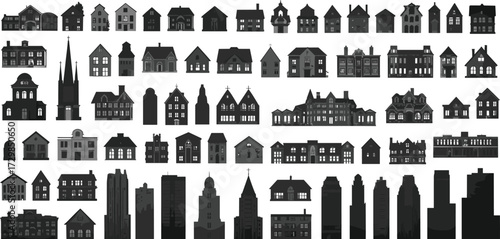 Black and white house silhouettes, vector icons set for architecture, real estate, urban design, and property illustration templates
