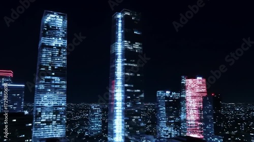 City skyline lights pulsing in dark night