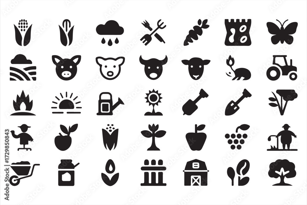 Fototapeta premium Farming and agriculture icon set with tractor, barn, livestock, crops, and farmer silhouette symbols