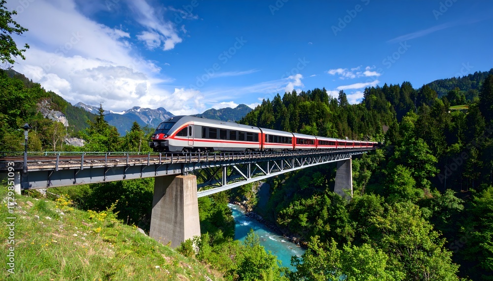 Fototapeta premium Train Crossing Steel Bridge over Turquoise River in Scenic Mountain Landscape