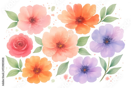 Watercolor floral arrangement with colorful pastel flowers and green leaves, transparent background, blooming spring design