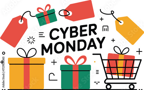 Bright and festive Cyber Monday illustration with gift boxes and shopping cart, symbolizing online sales and promotions.