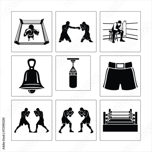 Boxing Elements Set In Black And White Graphic Style With Ring And Fighters