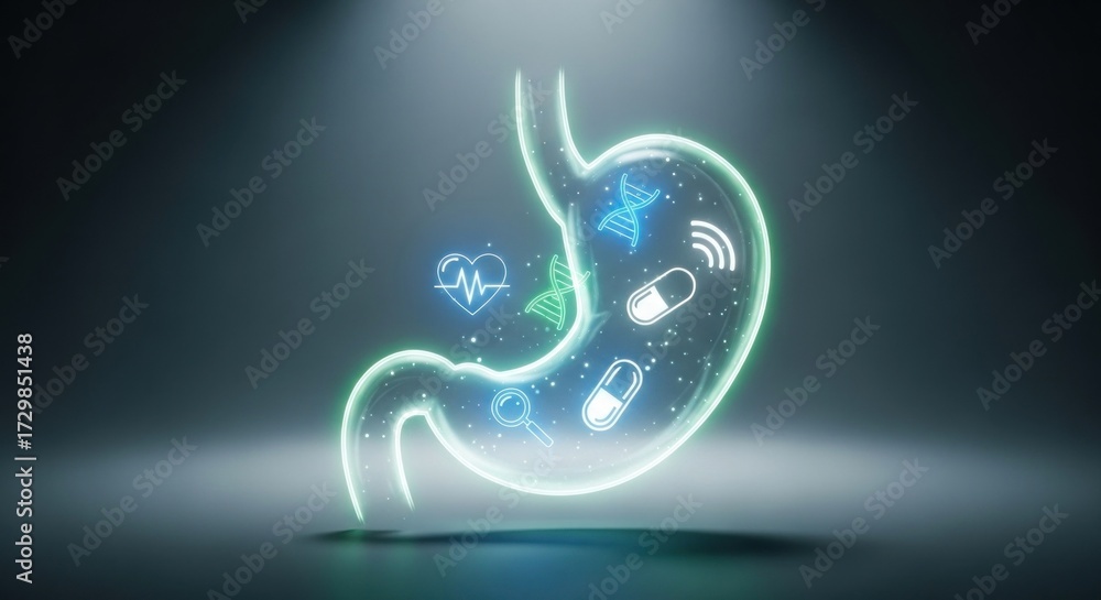 Obraz premium Holographic Stomach with Medical Icons