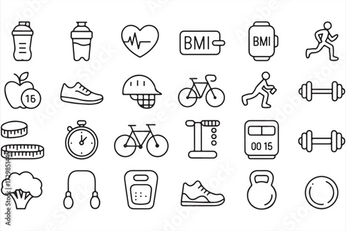 Gym and wellness vector pack featuring nutrition, running, cycling, and body strength symbols