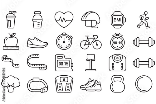 Fitness and health line icons set with exercise, gym, nutrition, and wellness outline symbols