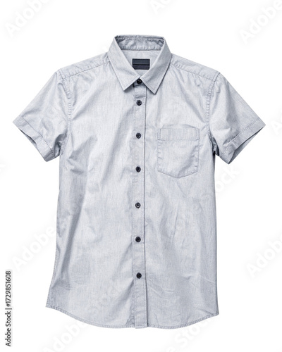 Stylish men's short-sleeved button-up shirt in a light color with subtle pattern, perfect for warm weather and versatile casual or smart-casual styling, isolated on a white background