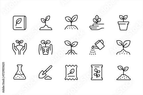 Collection of plant growth and gardening icons including seedlings, fertilizer, pot, soil, and eco-friendly agriculture symbols in line art vector design