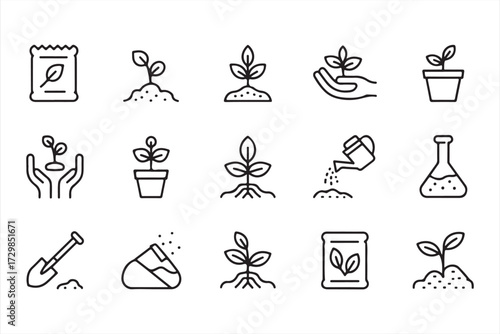 Gardening and eco line icons set with plant growth, soil, fertilizer, and seedling illustrations