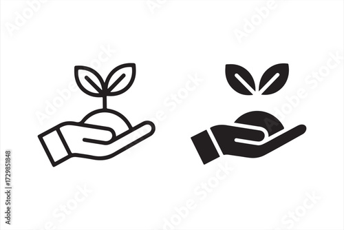 Black and white agriculture icons of hand nurturing seedling for farming and gardening themes