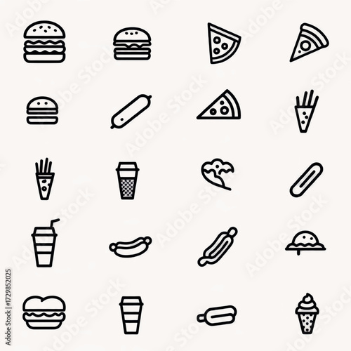 Outline Icons of Fast Food Items Burgers, Pizza, Hot Dogs, and More