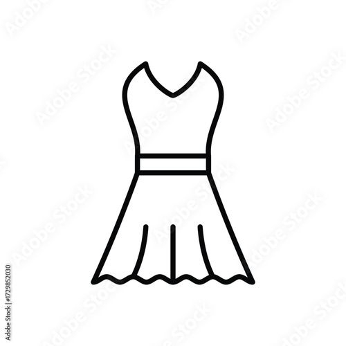Black outline drawing of a dress with a fitted bodice and a flared skirt with a scalloped hem