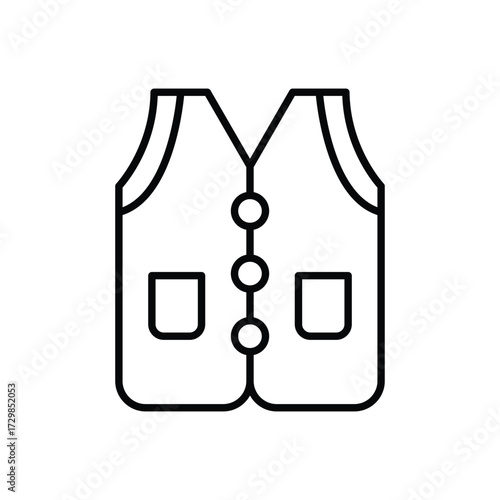 Black outline icon of a vest with rounded pockets and buttons down the middle