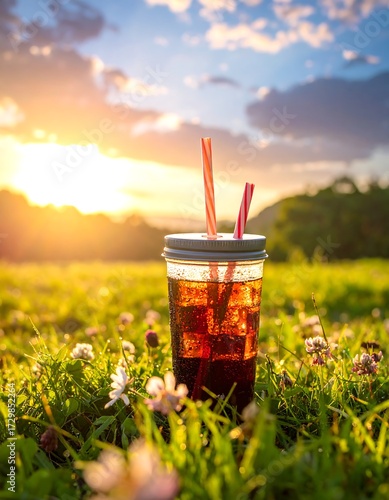 Wallpaper Mural Iced beverage in a glass jar sits in a field of wildflowers at sunset Torontodigital.ca