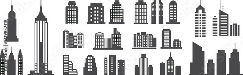 city skyline silhouettes, urban architecture icons, skyscrapers and buildings vector set for design, branding, web