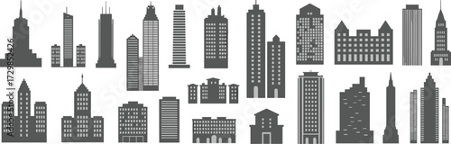Monochrome vectModern city skyline silhouettes, urban architecture icons, skyscrapers and buildings vector set for design, branding, web,