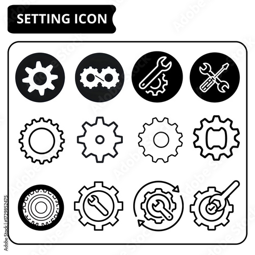Set of gear icons and tools representing settings, configuration, and mechanical adjustments