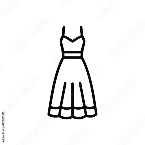 Line drawing of a dress with straps a cinched waist and a flared skirt with bottom detailing