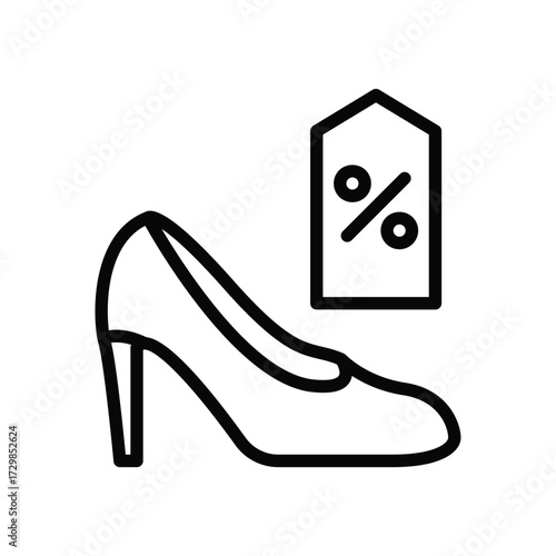 Line art shows a highheeled shoe with a sales tag displaying a percentage symbol indicating a discount