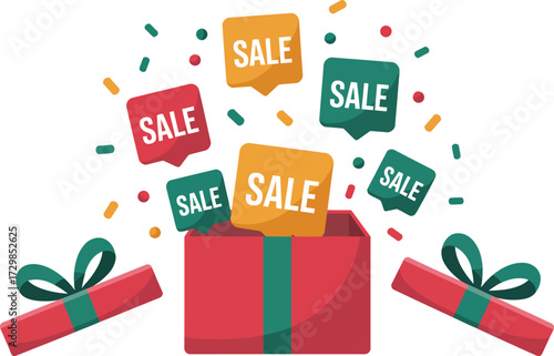 Exciting sale notifications erupting from a gift box, symbolizing great deals and festive shopping.
