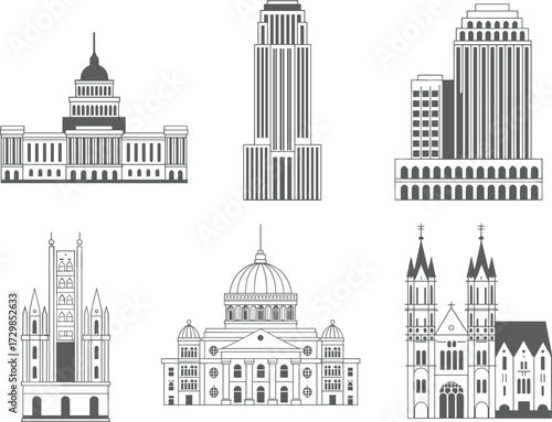 Monochrome vector set of iconic global buildings, architecture, landmarks, cityscapes, and famous structures for design and illustration.