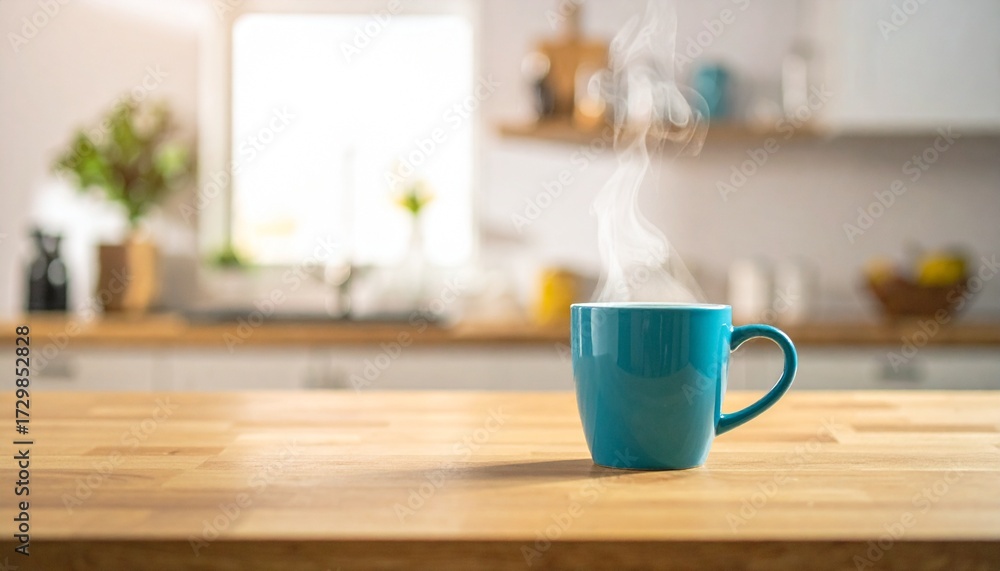 Fototapeta premium A modern home kitchen or café scene featuring a solid-colored coffee cup on a wooden table or countertop.