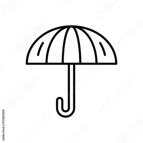 Line drawing of an umbrella featuring a curved canopy with vertical segments and a Jshaped handle