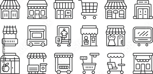 Shopping Icons Set, Retail Store Fronts, Market Stalls, Carts, Kiosks, Line Art Vector Illustration for E-commerce Design