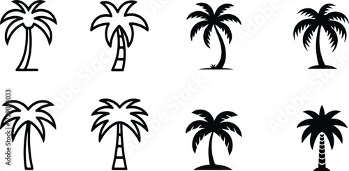 Icon set featuring various palm tree silhouettes for design and decoration purposes with on white background