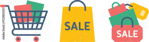 Shopping cart and bags filled with purchases and sale tags, symbolizing retail and commerce.