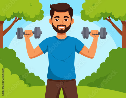  A smiling man with a beard, wearing a blue sweater, happily working on his laptop. This vector illustration represents remote work, online learning,