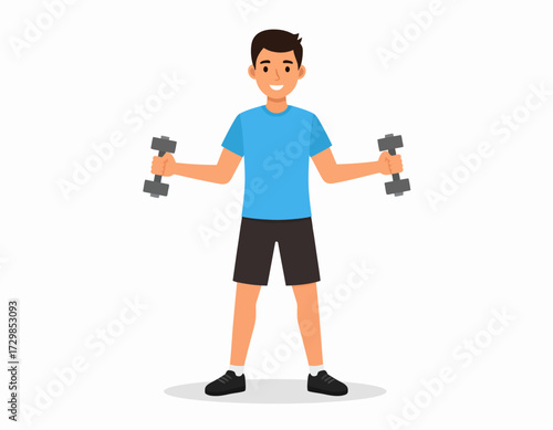 A determined young man holds dumbbells, ready for a workout. This vector illustration symbolizes dedication to personal fitness, strength training, and leading a healthy, active lifestyle.