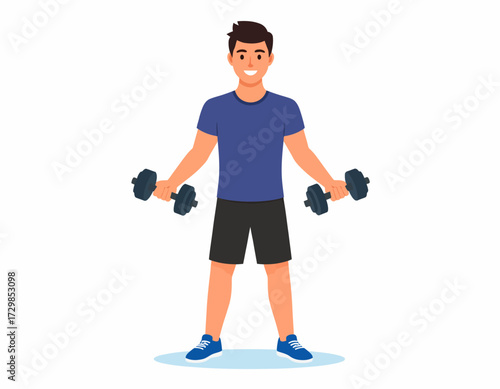A determined man in gym attire holds dumbbells, ready to begin his workout. This vector illustration represents a positive attitude toward fitness, strength, and personal health goals.