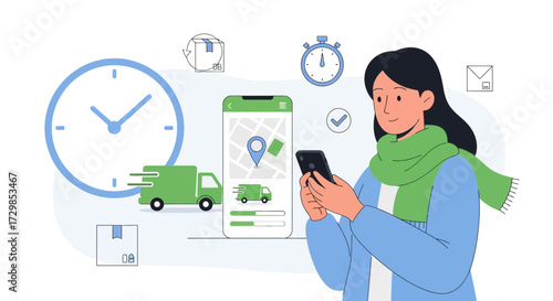 Online shopping and delivery tracking concept represented with a woman using an app on her
