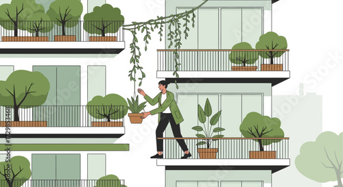 Person carrying a potted plant on a balcony of an apartment building with foliage and trees