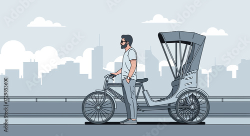 Stylized illustration of a bearded man standing by a bicycle rickshaw with city view