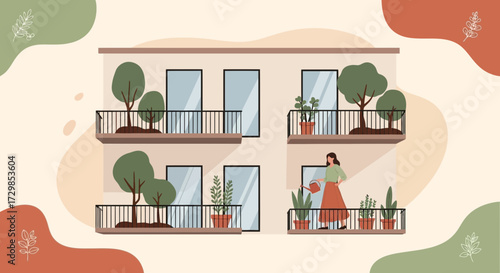 Sustainable urban living woman watering plants on apartment balconies illustration