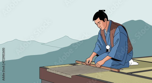 Traditional Japanese weaver illustration showcasing ancient crafting techniques with mountain