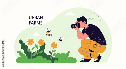 Urban farms illustration showcasing a photographer capturing the beauty of nature with zoom effect