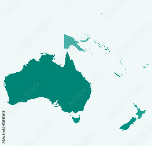 Map of Oceania with countries. Just a simple continent border map with country division. Teal color palette. Plain Oceania shape with administrative division. Vector illustration.