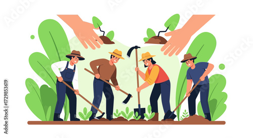 Teamwork and Sustainable Farming: Farmers Planting Seedlings for a Green Future illustration