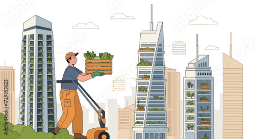 Urban Farming Concept: Delivery of Fresh Produce from Vertical Farms in the Cityscape