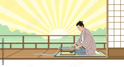 Traditional japanese weaver at sunrise creating textile art with cultural heritage and ancient