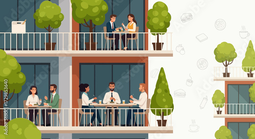 Vector illustration showcasing people working and having lunch on office building balconies