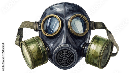 Watercolor illustration of a classic vintage gas mask, highlighting its distinctive green filters and robust straps, an iconic symbol of historical defense and personal protection