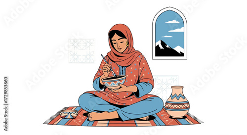 Woman in hijab sitting cross-legged painting pottery, showcasing cultural traditions and artistic