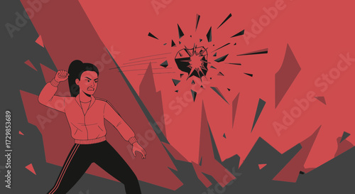 Woman throwing rock at a glass shattering it to pieces in act of anger illustration